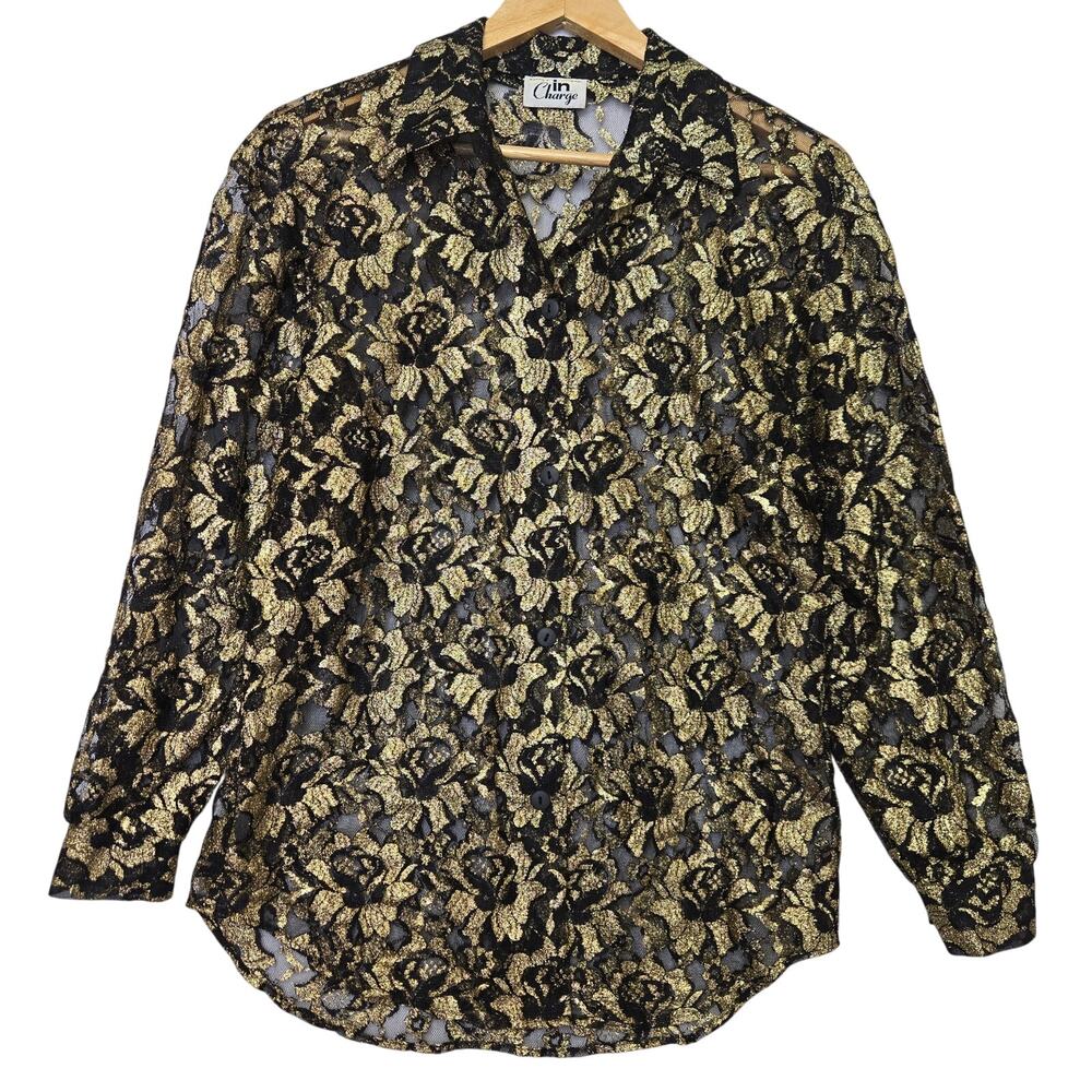 In Charge Womens Vtg 90s Y2K Whimsigoth Sparkle Metallic Sheer Lace Button Top M